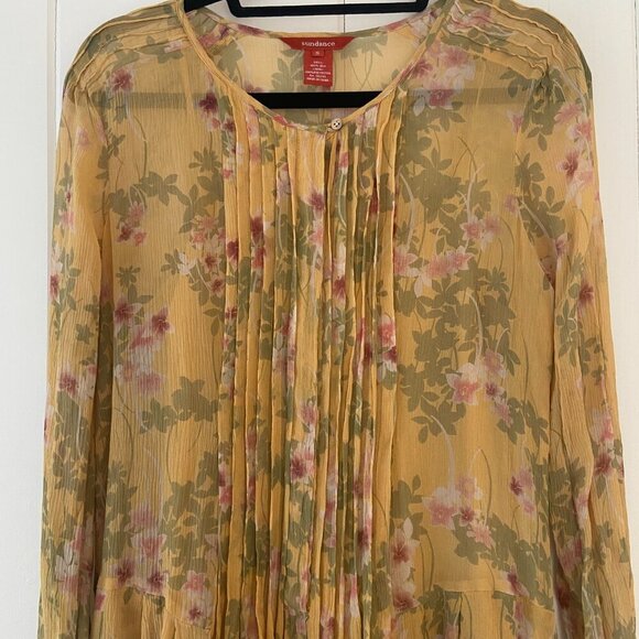 Sundance 100% Silk Yellow Long Sleeve Floral Boho Button Front Dress Size Small - Picture 7 of 13